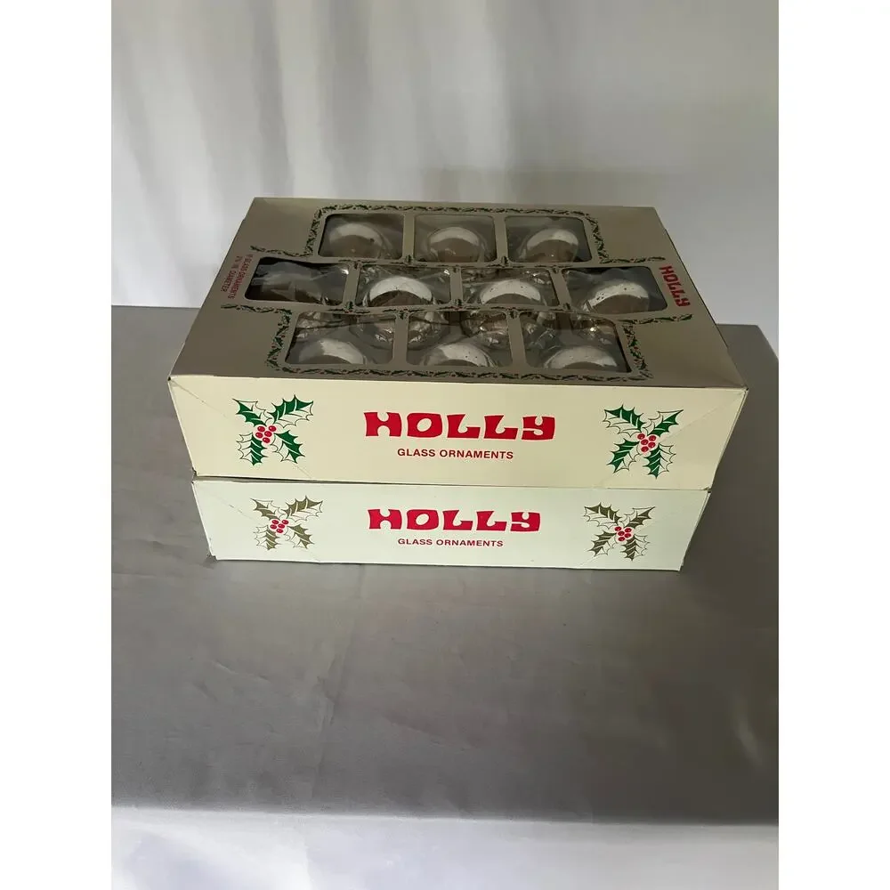 Vintage Holly Glass Christmas Ornaments 2 Boxes of 10 Large 2 5/8 in USA